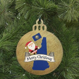 New Hampshire Christmas Ornament - Rustic Wood Tree Decoration Featuring State Flag, Map Silhouette, and Santa Claus - 2024 Holiday Gift and Home Decor