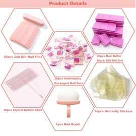 Kit de manicura de 4 piezas, limas de uñas de grano 240, bloque pulidor de uñas de grano 100/180, palito de cutículas de cristal, pegatinas de gel par
