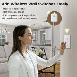 SURAIELEC Wireless Light Switch and Receiver Kit, Decorator Rocker Wall Switch, 15 AMP, 100FT RF Range, No Wiring No WiFi, Remote Control for Lighting, Neutral Wire Required (Upgrade Antenna Model)