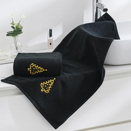 sense gnosis Black Hand Towel Set of 2 Embroidered 100% Cotton Thick Highly Absorbent Luxury Hand Towels for Bathroom Christmas Tree Embroidered Decorative 13 X 29 Inch
