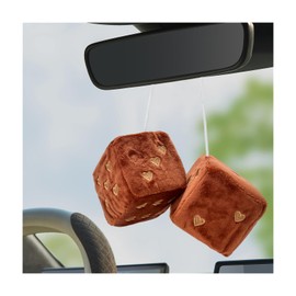 Gasedin 1 Pair Fuzzy Plush Dice for Car Mirror, 3'' Retro Square Dice with Heart-Shape, Plush Retro Dice Hanging Ornament, Universal Interior Hanging Dice Decor for Men Women (Coffee)
