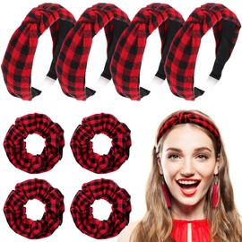 8 Pack Christmas Plaid Snowflake Headbands 4 Buffalo Plaid Hair Scrunchies 4 Christmas Knotted Headband Plaid Hair Band with Elastic Hair Scrunchies for Women Girl(Red Black, Simple)