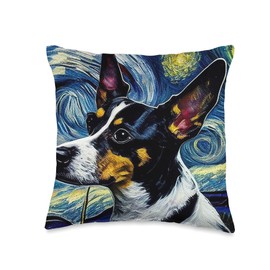 Rat Terrier in Starry Night Painting Dog Mom Dad Throw Pillow