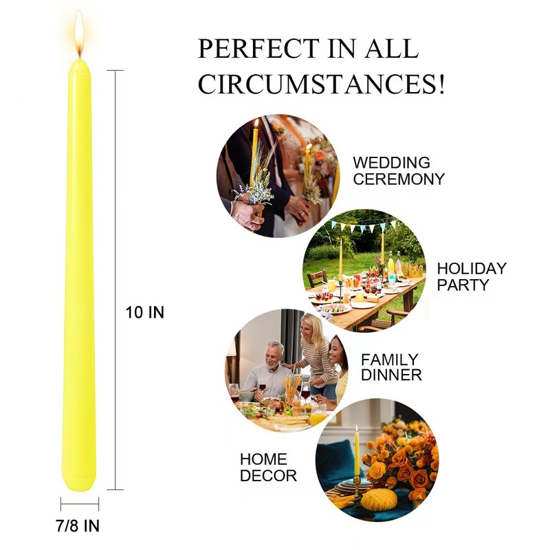 10 Inch Yellow Taper Candles for Summer Parties, 10 Packs