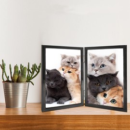 DECANIT 3.5x5 Picture Frame Double Hinged Black Metal Thin Edge Frame with High Definition Glass Front Folding Frames Stand Vertically on Tabletop,Black