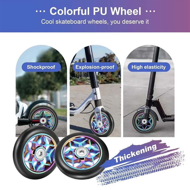 YoyoMeta 2 Pcs 110mm Scooter Wheels, Colorful Pu Wheels Thick