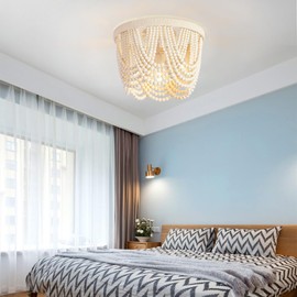 Wuhuyipi Boho Wood Beaded Chandelier,LED Flush Mount Ceiling Light,Farmhouse Rustic White Hemp Rope Chandeliers Fixture for Bedroom,Drawing Room,Kitchen, Entryway,Dining Room(3-Light)