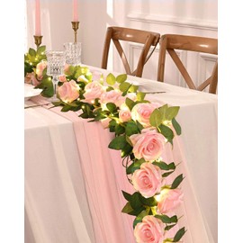 4 piezas de guirnalda de flores con luces de 39.2 pies, guirnalda floral rosa de 26.4 pies, flores artificiales para decoración de arco de boda, fiesta, pared, jardín y habitación