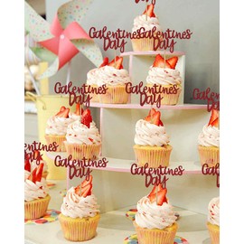 40PCS Galentines Day Cupcake Toppers Decorations, Red Glitter Happy Galentines Day Cupcake Toppers for Galentine's Day Decoration, Friends Galentines Party Decor, Valentines Day Party Decorations
