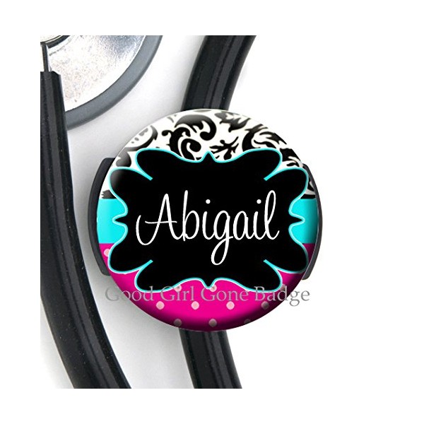 Stethoscope Tag - Damask Polka Dot Blue and Pink -