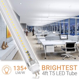 4ft 24W T5 High Output LED Tube Light, 45.75", F54T5 Equal, 4000K (Natural White), Clear Lens, 3300 lm, G5 Mini Base, 100-277V, Ballast Bypass, Dual-End Powered, LED Shop Light, UL-Listed (12-Pack)