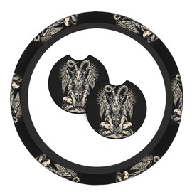 Baphomet Satan Steering Wheel Cover with 2 Car Coasters Non Slip Neoprene for Women Men Universal 15 Inch Stylish and Practical Set