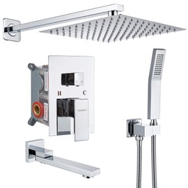 gotonovo Bathroom Luxury 3-Function Shower Faucet Set Wall Mounted Rainfall 10 inch Shower Head System Polished Chrome Rough-in Valve Body and Trim Included with Rotating Tub Spout