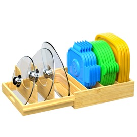 HWQBany Pots and Pans Organizer under Cabinet, Bamboo Expandable Cutting Board Organizers, Adjustable Pot Lids Organizer for Cabinet, Food Container Pantry Storage for Drawer Pantry, Natural