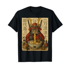 Samurai Cat Eating Ramen Noodles T-Shirt