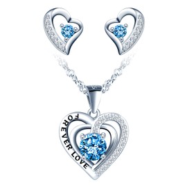 INFINIONLY Women's girl's heart Necklace Pendant and Earrings Studs, 925 silver Jewellery-sets, Heart pendant "FOREVER LOVE" lettering, Asymmetric heart earrings, Inlaid shiny zircon, blue