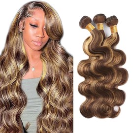 Creuost Real Hair Wig, Body Wave Human Hair Bundles, 100% Unprocessed Brazilian Hair, Long Hair, P4/27 Highlight Brown Hair Extensions, Weave, 3 Bundles, Total 300 g, 16 18 20 Inches