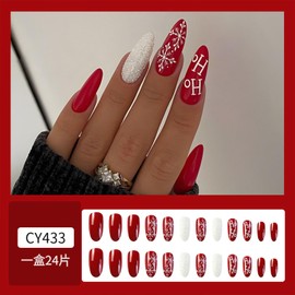 Christmas White Snowflake Fake Nails Long Almond Xmas Press on Nails Glossy Red Solid Color Acrylic Glue on Nails Winter Artificial Nails for Women Girls