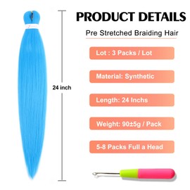 ADIASAI Braiding Hair Pre Stretched 24 Inch 3 Packs, Light Blue Pre stretched Braiding Hair for Professional Braiding Hair Extensions, Hot Water Setting Yaki Texture Synthetic Hair