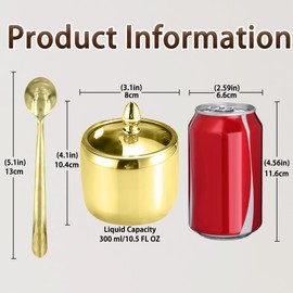 10.5oz Gold Stainless Steel Sugar Bowl with Lid and Spoon, Small Sugar Container for Coffee Bar, Drum Shape Sugar Cube Holder, Spice Jars for Countertop, Kitchen Ghee Container (1pcs)