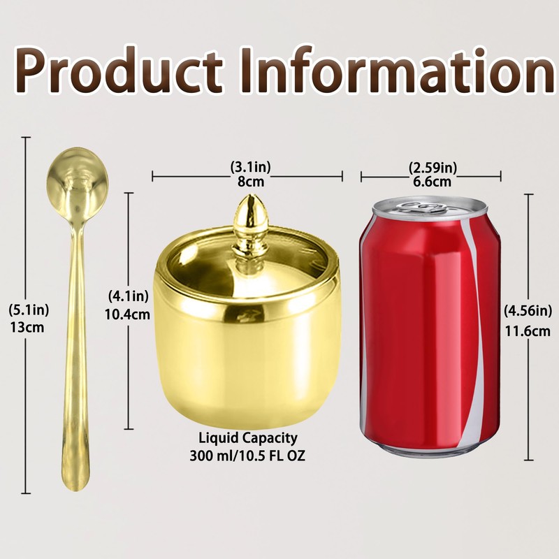 10.5oz Gold Stainless Steel Sugar Bowl with Lid and Spoon,