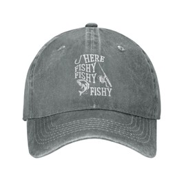 FAMLEE Funny Fishing Hat - Here Fishy Fishy Hat for Men - Trendy Gray Dad Hat