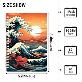 UMIRIKO Japanese Ocean Waves Cherry Blossoms Spiral Notebook Journal College Ruled Notebook 8.3"x5.7" Journal with 60 Lined Pages A5 Spiral Notebooks for Women Men 1 Pack 202b4566