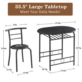 VECELO 3 Piece Round Dining Table & Chairs Set for 2, Wooden Kitchen Dinette Set with Wine Storage Rack for Small Space, Breakfast Nook, Saving Space, Black