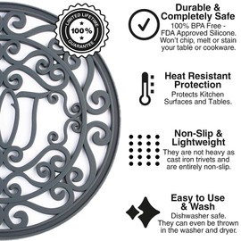 Silicone Trivet for Hot Dishes, Pots & Pans - Decorative Non Slip Mat 'Hot Ironworks' Design Gives a Rustic Charm Protective Pads for Kitchen Counter (7.5 in Round, 3-Set, Dark Gray)