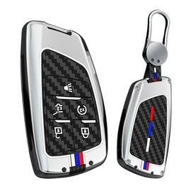 HIBEYO Key Fob Cover Compatible with Buick Envision Avenir 2025 Fit for Chevy Suburban Tahoe Fit for GMC Yukon Denali Sierra Silverado Alloy Carbon Fiber Key Shell with Keychains-5 Button Silver