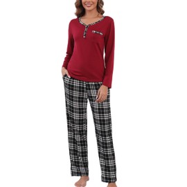 Yukiuiny Womens Long Sleeve Pajamas Sets 2 Piece Tops and Plaid Pants PJ Set Loungewear Sleepwear with Pockets