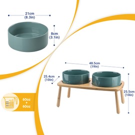 SPUNKYJUNKY Raised Dog Bowls Ceramic Dog Bowls Elevated with Non-Slip Wooden Stand Dog Food Water Bowls for Medium Large Size Dogs(Double 60OZ Bowls,Dark Green)