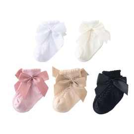Taous Assam Baby Girls' Ankle Socks - Infant Princess Bow Mesh Breathable Casual Lace 5 Pairs Size 12-24 Months