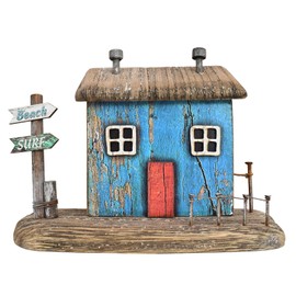 Veclotch Wood Miniature Nautical Table Sculptures Home Decor, Small Wooden House Figurine Garden Ornament Summer Mini House Statue with Beach Surf Sign