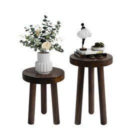 JOLLYMER Wood Plant Stand Set of 2 (18+16" Tall) - Dark Walnut Round Solid Wood Plant Stand, Side Table, or Bathroom Stool - Heavy Duty Stool for Small Spaces