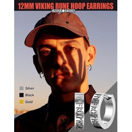 SIISPRI Viking Earrings for Men Women, Norse Viking Hoop Earrings Rune Carved Design Amulet Protection Huggie Hoops Earrings Jewelry Gift,Black/Silver/Gold Plated, Stainless Steel, No Gemstone