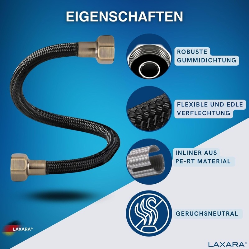 LAXARA DVGW Premium Coloured Flex Hose Black and White 3/8