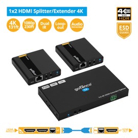 gofanco 4K 1x2 HDMI Extender Splitter Over CAT6/7 – 131ft (40m) at 4K 30Hz, 230ft (70m) at 1080p, HDCP 1.4, Dual IR, HDMI Loopout, RS232 Control, Surge/Lightning/ESD Protection (HD14Ext-2P)