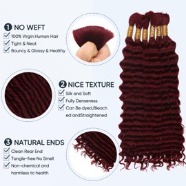 99j Burgundy Human Braiding Hair for Boho Braids,150g 22 inch 6 Bundles Burgundy Deep water Wave Bulk Boho Curly Human Hair for Braiding,Wine red No Weft Wet and Wavy Braiding Hair Extensions