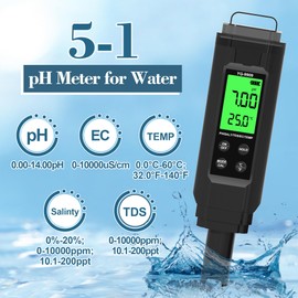 PH Meter,5 in 1TDS Meter,Salinity Tester,EC Meter,Temp,pH Meter for Water,TDS Meter Digital Water Tester,EC Meter Hydroponics,pH Tester Digital PPM Meter,Pool Salt Tester.