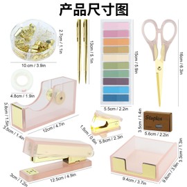 Desk Accessories Kit, Office Supplies Set with Acrylic Stapler, Tape Dispenser, Staple Remover, Staples, Clips, Sticky Note, Ballpoint Pen, Scissor, Transparent Tape, Sticky Note Holder