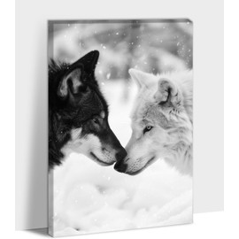 ANRUOXI Wolf Wall Art Canvas Framed - Black and White Wolf Couple Pictures Wall Decor for Bedroom, Wolf Love Painting Wildlife Wall Art Canvas Print Ready To Hang 12x18inches
