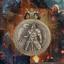 Mini DND Dice Set with Steampunk Axe Barbarian Pocket Watch Shell Case, 7pcs Polyhedral Metal Dice Set, D&D Gifts with Gift Bag, DND Starter Set, Role Playing Board Games Accessories, Bronze