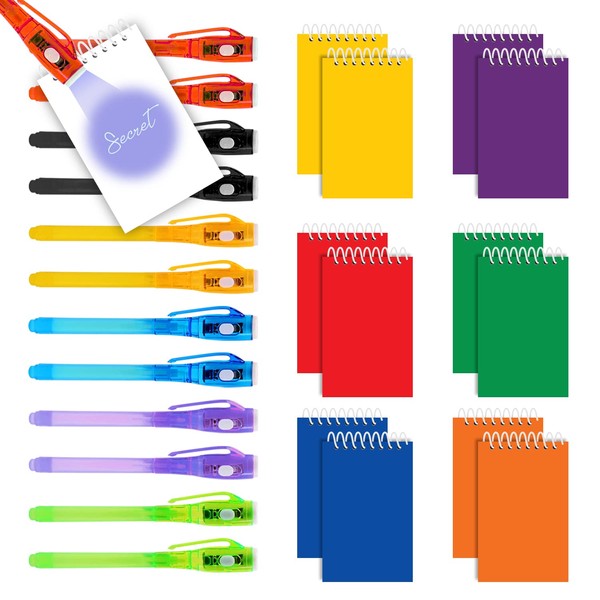 12 Invisible Ink Pen with UV Light and 12 Mini Colorful Notebook Set. Magic Secret Message Spy Pen and Notepads for Birthday, Party Favors, Halloween Goodies Bags Toy, Science and Classroom Prizes