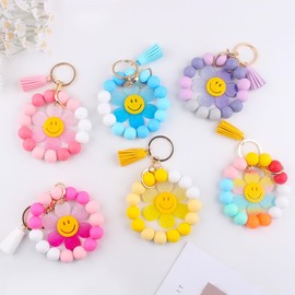 Smile Sunflower Keychain Wristlet Cute Keyring for Women Girls Jewelry Gifts Boho Keychains for Car Keys Purse Backpack (Yellow)