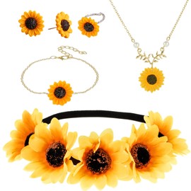 Ourdort Sunflower Costume Women Girls with Flower Wreath Hair Stud Flower Bracelets Goose Flower Ring for Carnival Wedding Party, Resin