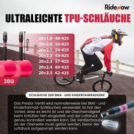 RideNow TPU Inner Tube, 20 Inch BMX Children's Bicycle, 2 Pack Bicycle Inner Tube, Ultralight Inner Tube with Presta Valve, 45 mm