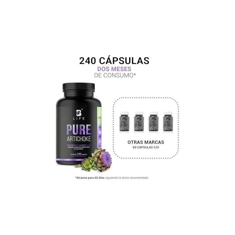 Alcachofa pura de 240 Cápsulas 500 mg. Ingredientes naturales. Pure