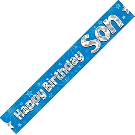 OakTree 625075" Happy Birthday Son Foil Holographic Banner, Blue, 9 ft