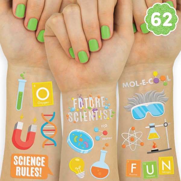 xo, Fetti Science Party Temporary Tattoos - 62 Silver Foil Styles | Future Mad Scientist Birthday Party Supplies, Educational Science Favors, Scientific Arts and Crafts